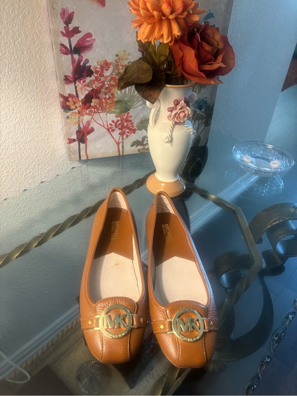 New Michael Kors Tan Leather MK Logo Ballet Flats